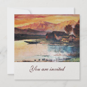 PINK MOUNTAINS LAKE ALPINE SUNSET LANDSCAPE INVITATION