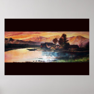 PINK MOUNTAINS LAKE ALPINE SUNSET LANDSCAPE POSTER