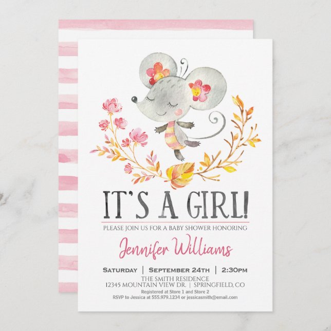 Pink Mouse Baby Shower Girl Invitation (Front/Back)
