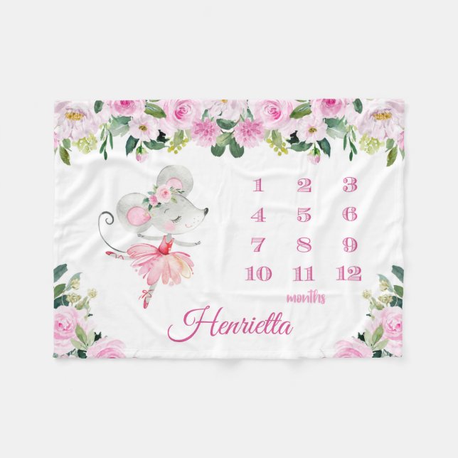 Pink Mouse Ballerina Monthly Growth Tracker  Fleece Blanket (Front (Horizontal))