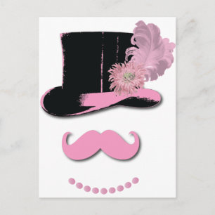 Pink moustache, top hat, feathers, and flower postcard