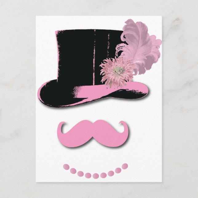 Pink moustache, top hat, feathers, and flower postcard (Front)