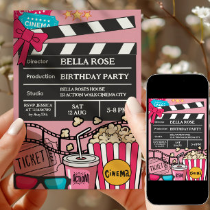 Pink Movie Night Birthday Party For Girls Invitation
