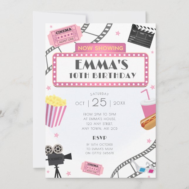 Pink Movie Night Birthday Party Invitation Cinema (Front)