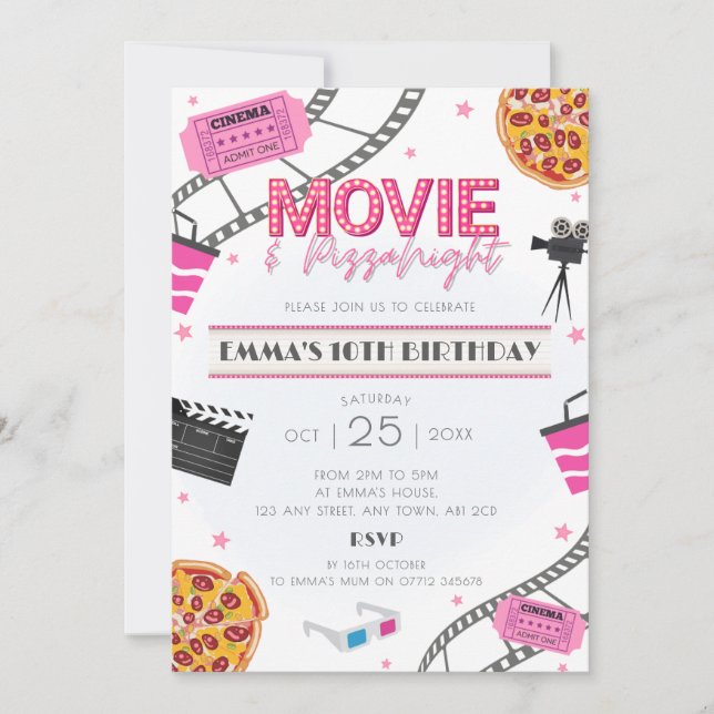 Pink Movie & Pizza Night Birthday Party Invitation (Front)