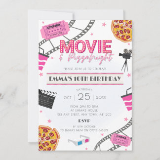 Pink Movie & Pizza Night Birthday Party Invitation