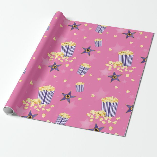 Pink movie popcorn wrapping paper (Unrolled)