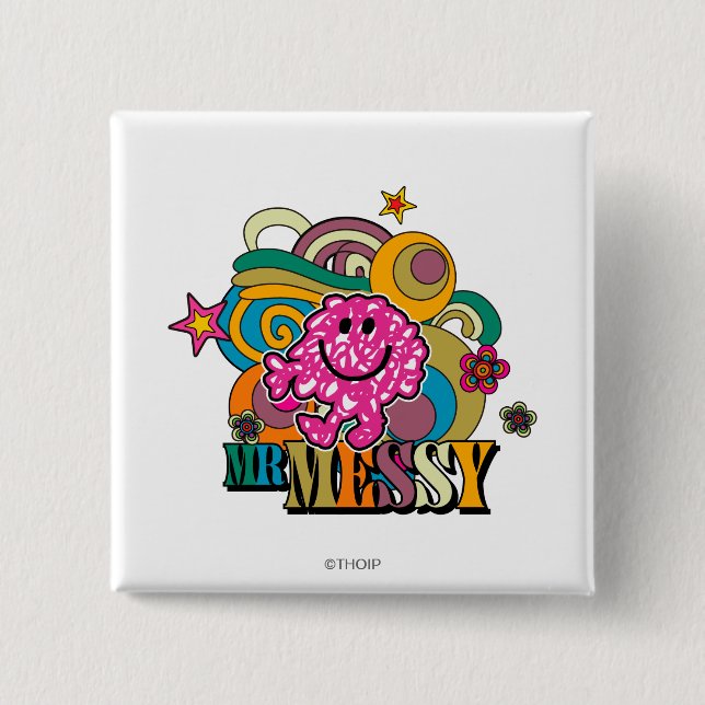 Pink Mr. Messy | Colourful Swirls & Stars 15 Cm Square Badge (Front)