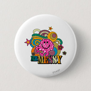 Pink Mr. Messy   Colourful Swirls & Stars 6 Cm Round Badge