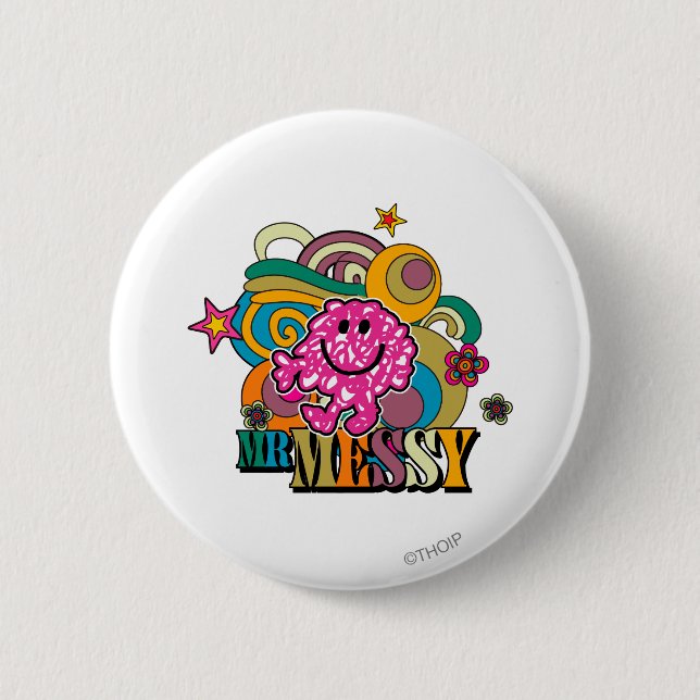 Pink Mr. Messy | Colourful Swirls & Stars 6 Cm Round Badge (Front)