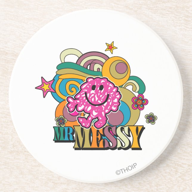 Pink Mr. Messy | Colourful Swirls & Stars Coaster (Front)