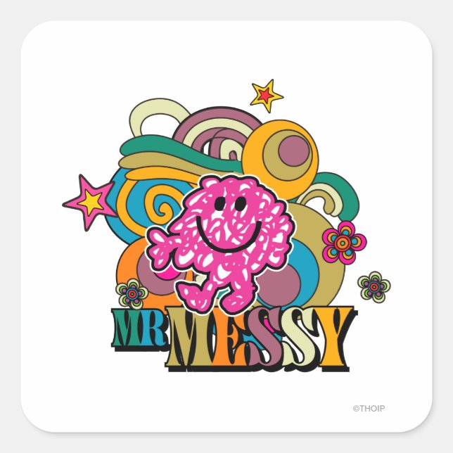 Pink Mr. Messy | Colourful Swirls & Stars Square Sticker (Front)