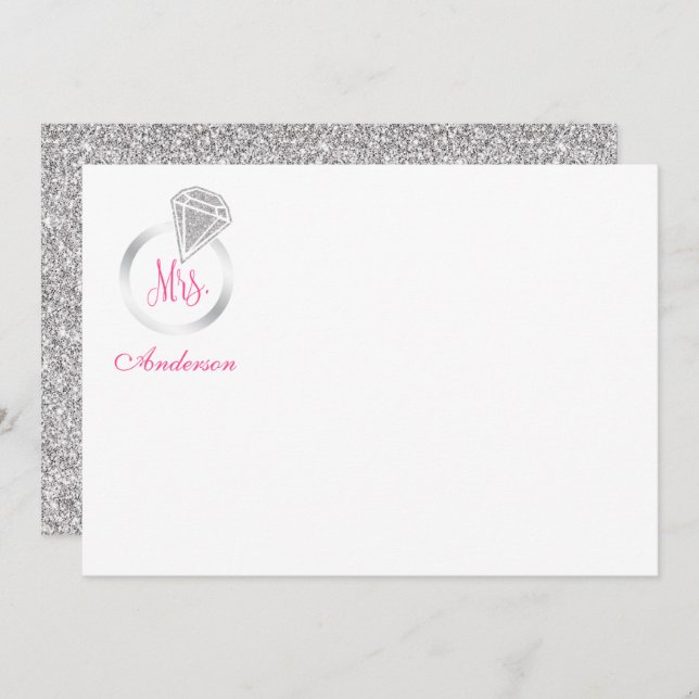 Pink Mrs. Silver Glitter Diamond Ring Personalised Card (Front/Back)