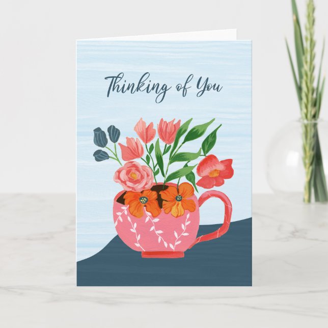 Pink Mug with Flowers Thinking of You Card (Front)