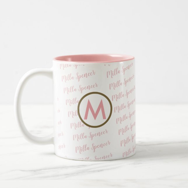 pink mug with monogram and pattern of names (Left)