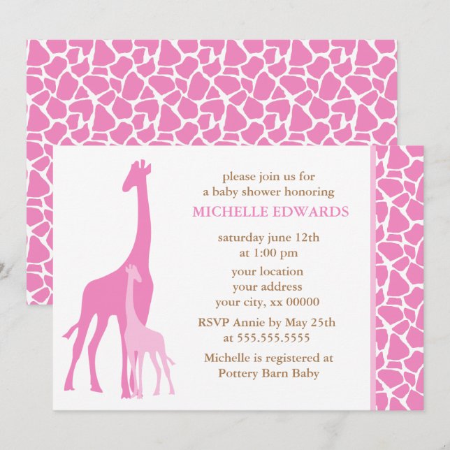 Pink Mum and Baby Giraffe Girl Baby Shower Invitation (Front/Back)