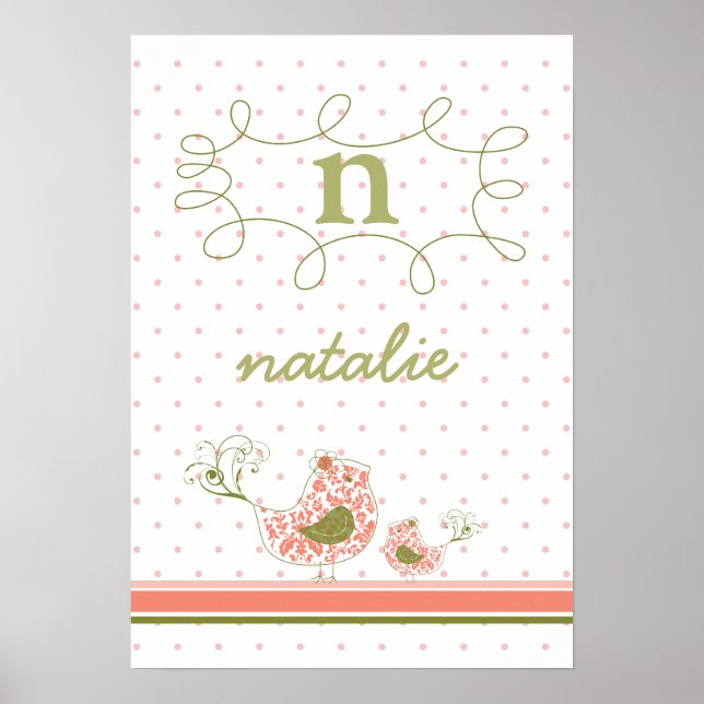 Pink Mum & Baby Bird Monogram Kids Wall Art Poster (Front)