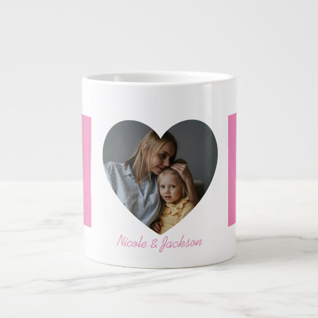 Pink Mum Heart Photo Name Mother's Day Large Coffee Mug (Front)