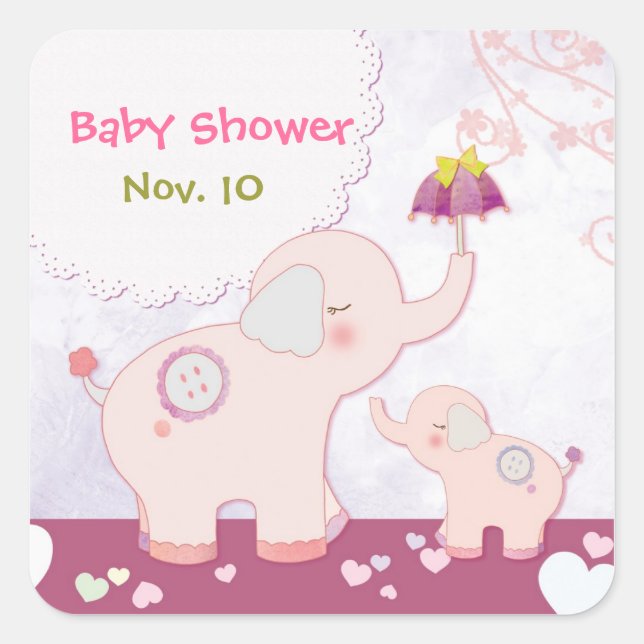 Pink Mum n Baby Elephants Baby Shower Square Sticker (Front)
