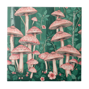 Pink Mushroom Forest Pattern Woodland Naturecore  Ceramic Tile