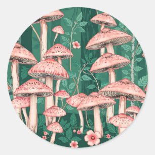 Pink Mushroom Forest Pattern Woodland Naturecore Classic Round Sticker