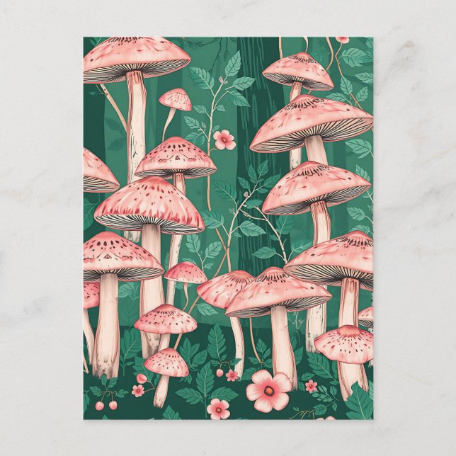 Pink Mushroom Forest Pattern Woodland Naturecore  Postcard (Front)