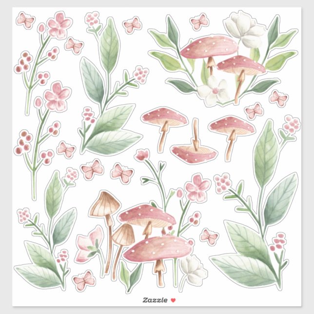 Pink Mushroom Patch Bedroom Wall Set of Sticker (Sheet)