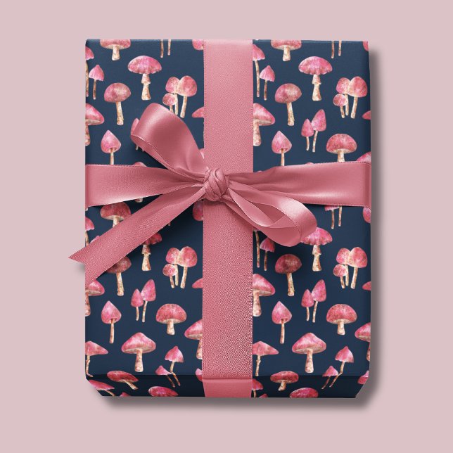 Pink Mushroom Pattern Wrapping Paper (Pink mushroom wrapping paper. Woodland mushrooms on navy blue background.)