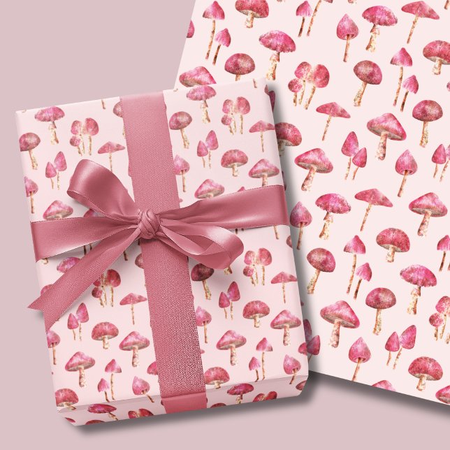 Pink Mushroom Pattern Wrapping Paper Sheet (Pink mushroom wrapping paper sheets. Woodland mushrooms on soft pink background.)