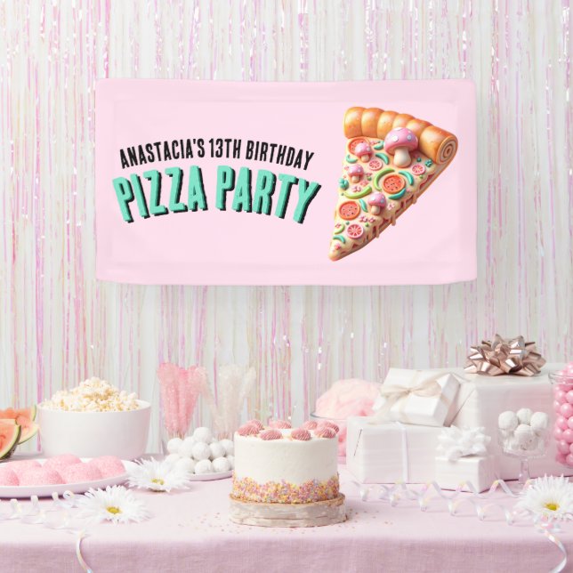 Pink Mushroom Pizza Party  Banner (Party)