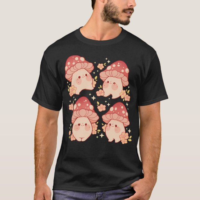 Pink Mushrooms And Flowers Pattern T-Shirt (Front)