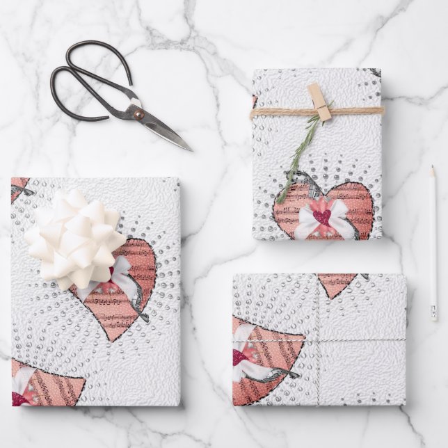 Pink Musical Note Hearts Wrapping Paper Sheet (Front)