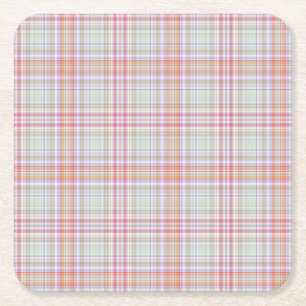 Pink 'n Green Geometric Plaid Square Paper Coaster