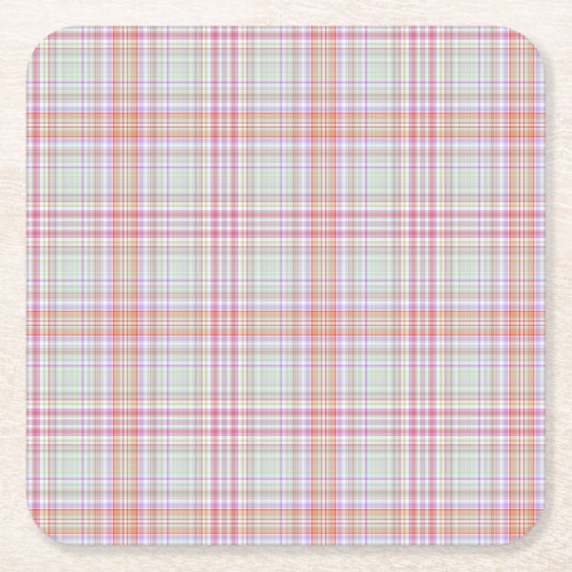 Pink 'n Green Geometric Plaid Square Paper Coaster (Front)