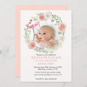 Pink n Ivory Roses Wreath Annaprashan Baby Girl Invitation