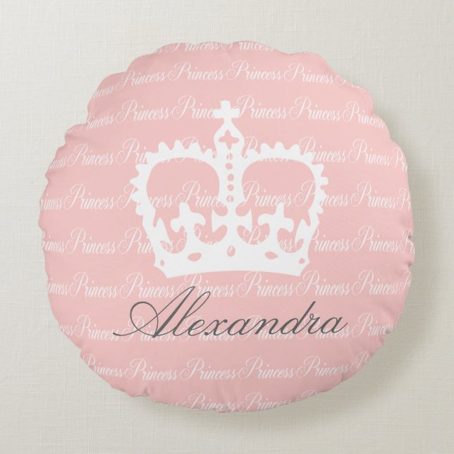 Pink-n-White Princess Custom Name Round Cushion (Front)