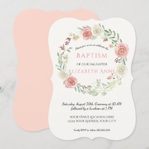 Pink n White Rose Wreath Infant Baptism Baby Girl Invitation