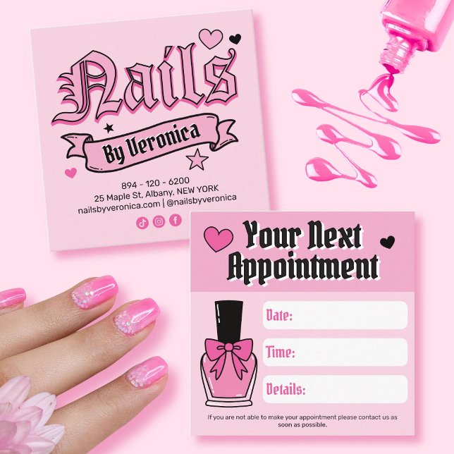 Pink Nail Tech Gothic Lettering Edgy Square Appointment Card (Pink Nail Tech Gothic Lettering Edgy Square Appointment Card)