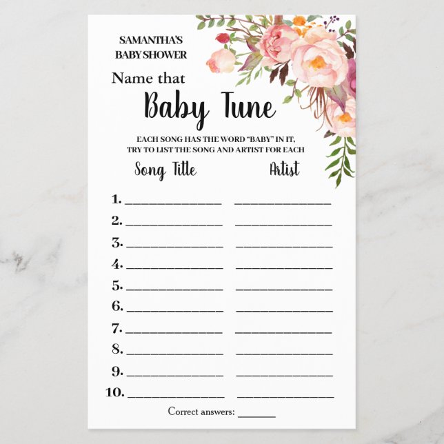 Pink Name Baby tune bilingual shower game card (Front)