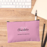 Pink name monogram accessory pouch<br><div class="desc">A light pinkbackground,  black and white text. 
Personalise and add your first name,  monogram initials and full name.</div>