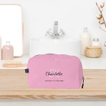 Pink name monogram dopp kit<br><div class="desc">A light pink background,  black and golden text.  
Personalise and add your first name,  monogram initials and full name.</div>