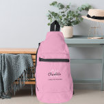 Pink name monogram sling bag<br><div class="desc">A light pink background,  black and golden text.  
Personalise and add your first name,  monogram initials and full name.</div>