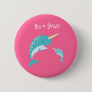 Pink Narwhal Baby Shower 6 Cm Round Badge