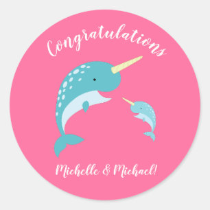 Pink Narwhal Baby Shower Classic Round Sticker