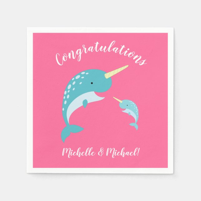 Pink Narwhal Baby Shower Napkin (Front)