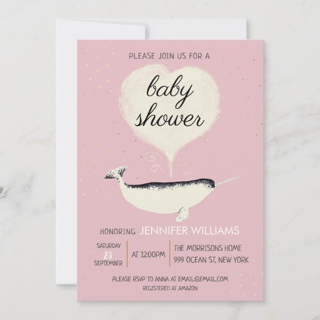 Pink Narwhal Whale Girl Baby Shower Invitation (Front)