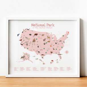 Pink National Park Map Woodland Nursery Print