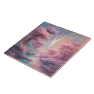 Pink Nature Forest AI art Ceramic Tile