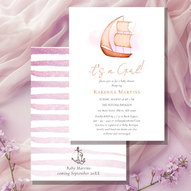 Pink Nautical Adventure It's a Girl Baby Shower Invitation (Creator Uploaded)