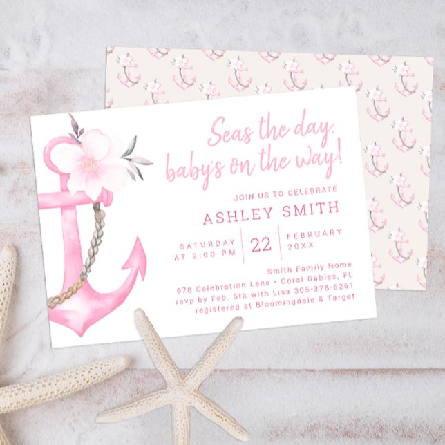 Pink Nautical Anchor Baby Shower Invitation (Pink Floral Anchor Baby Shower)